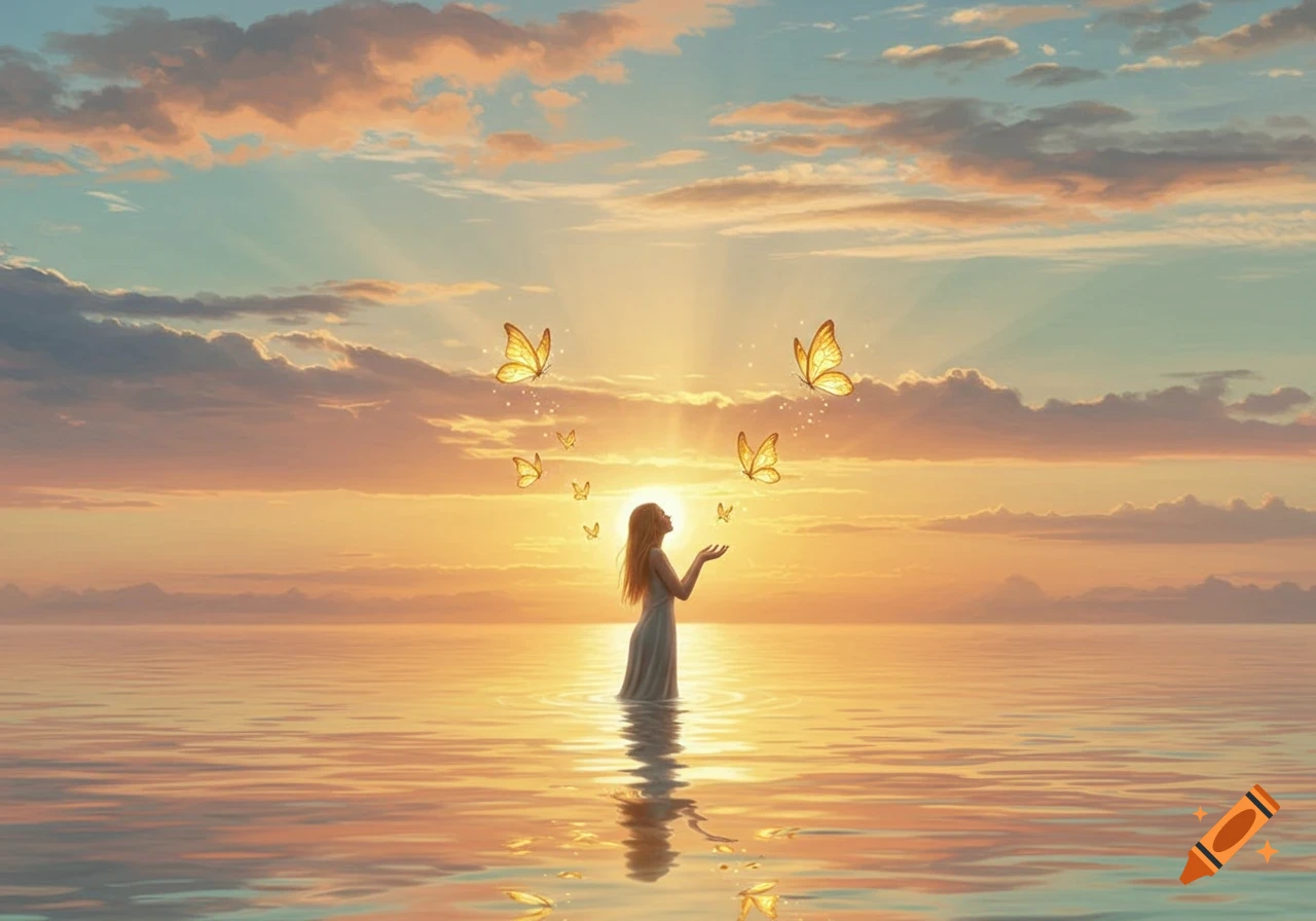 A woman stands waist-deep in a tranquil ocean at sunset, holding her hands out as golden butterflies rise from them.