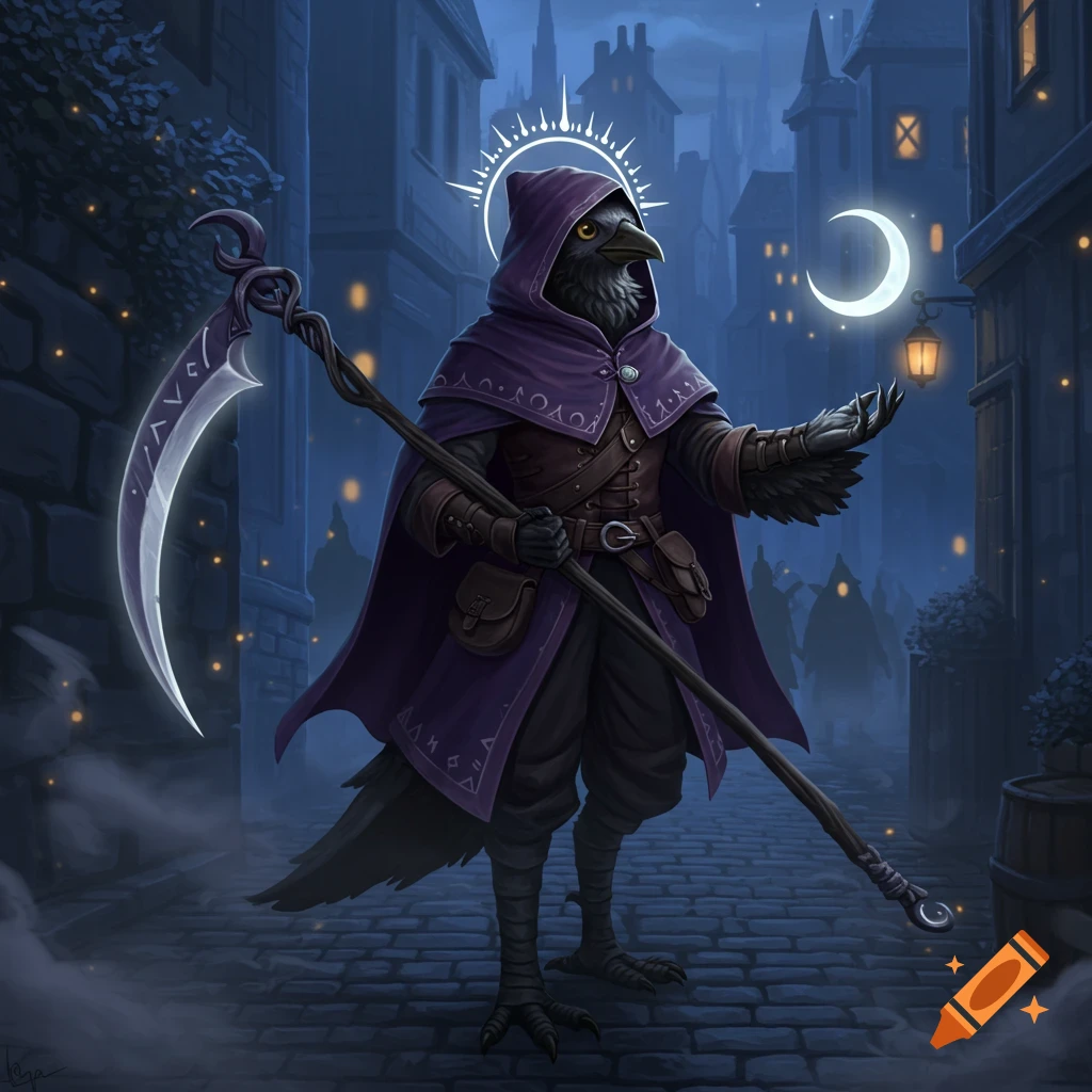 A hooded kenku twilight cleric in a purple cloak holds a crescent moon scythe in a dark, foggy medieval city at night, with a glowing moon.