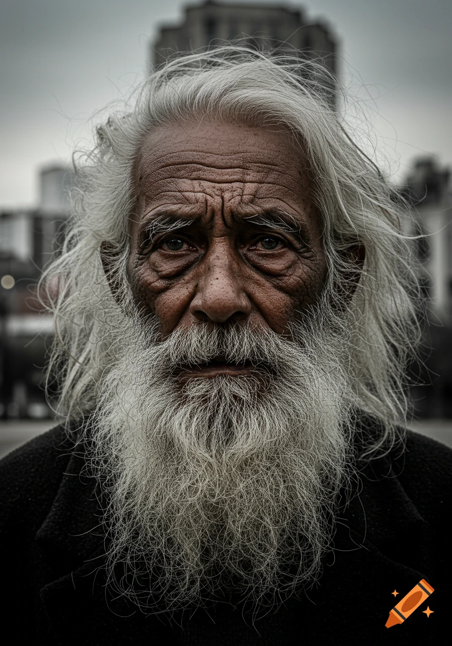 Close-up photorealistic portrait of an elderly man with long white hair and a matching beard, his face deeply wrinkled, staring forward.
