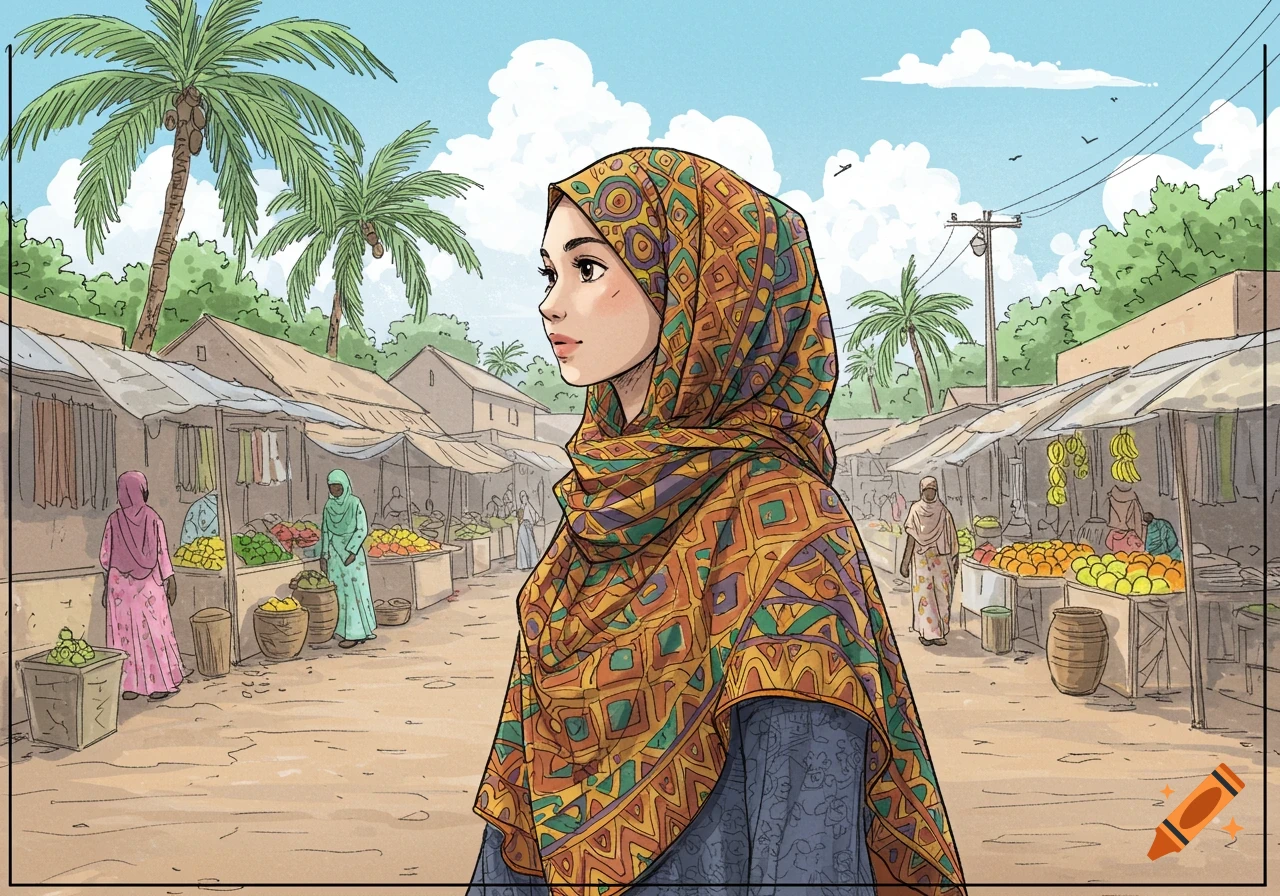 Illustration of a young Muslim woman in a colorful hijab walking through a vibrant outdoor African market.