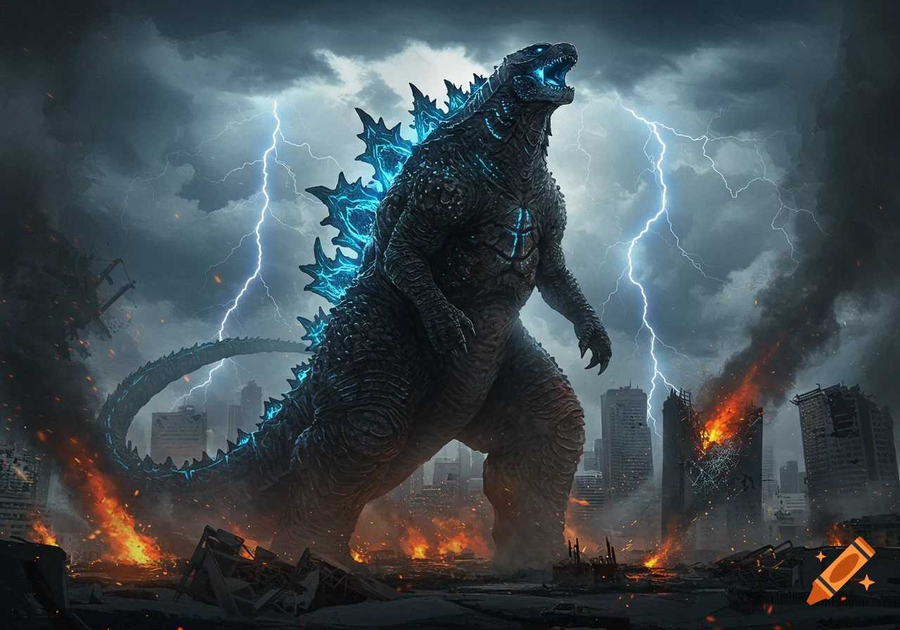 A gigantic, roaring Godzilla with glowing blue spines stands amidst a burning, destroyed city under a stormy sky with lightning.
