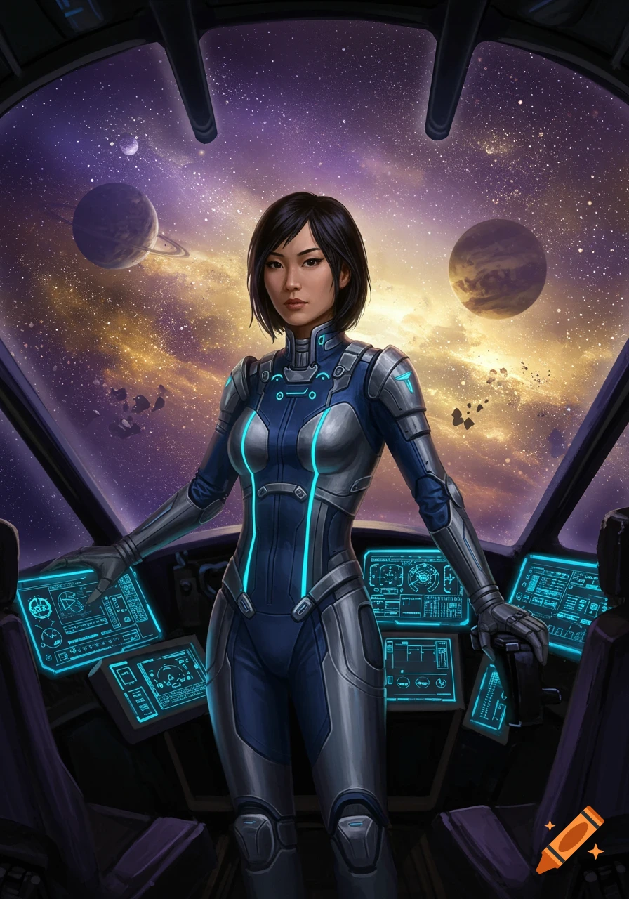 Asian female pilot in a futuristic suit stands in a spaceship cockpit overlooking planets and a nebula.