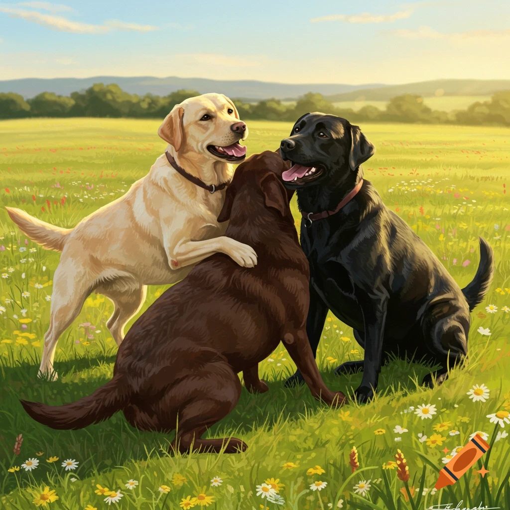 Three Labrador dogs (yellow, chocolate, black) playing and hugging in a sunny, flower-filled green field, in an illustration style.