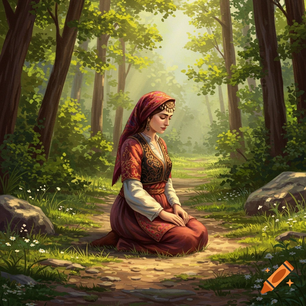 A woman in ornate traditional Turkish attire kneels on a sun-dappled forest path, looking down, in a serene digital painting.