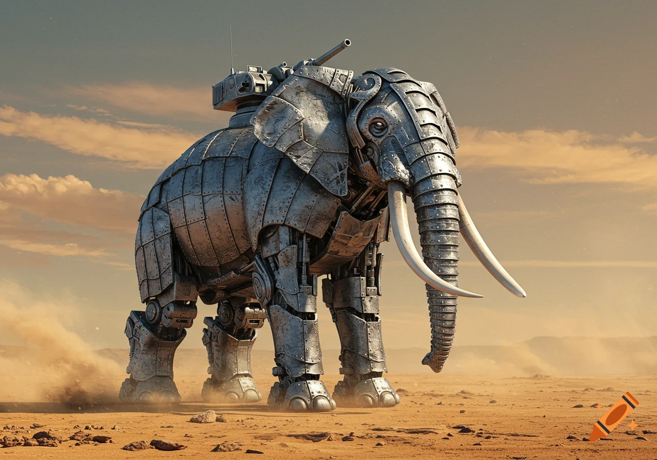 A detailed, realistic mechanical elephant tank with metal plating and a turret walks through a vast desert under a cloudy sky.