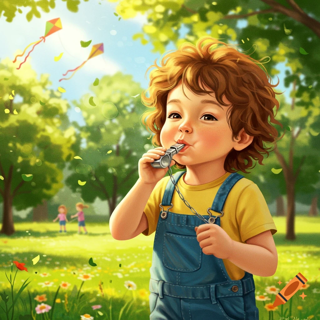 A brightly colored illustration of a little boy with curly hair blowing a whistle in a sunny park with kites and other children.