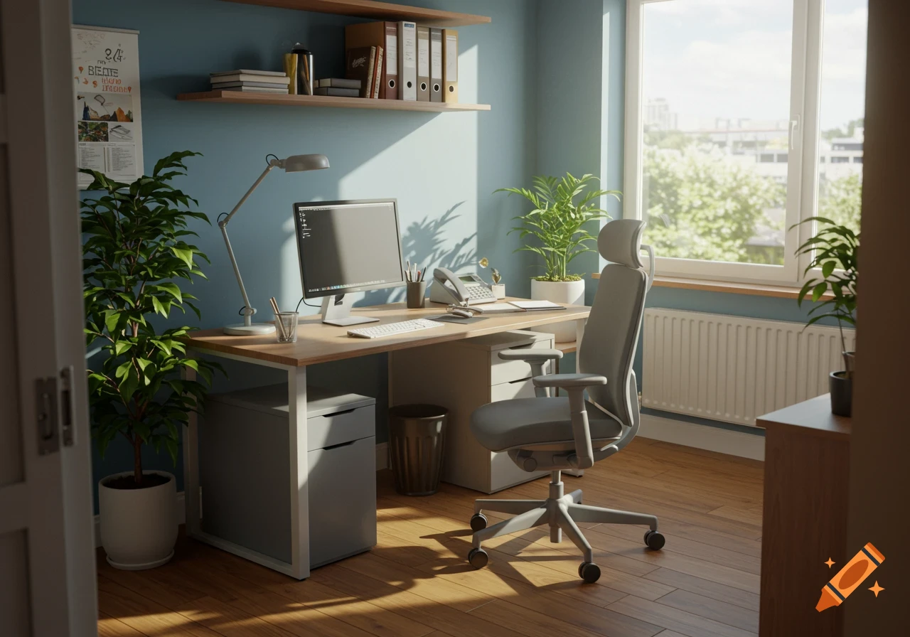 A modern home office with a desk, computer, ergonomic chair, and green plants next to a large window.
