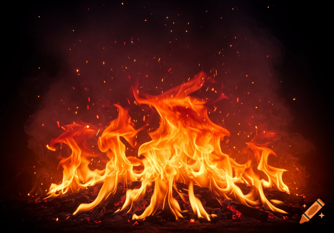 A vibrant, roaring bonfire with bright orange and red flames, embers, and smoke against a dark background.