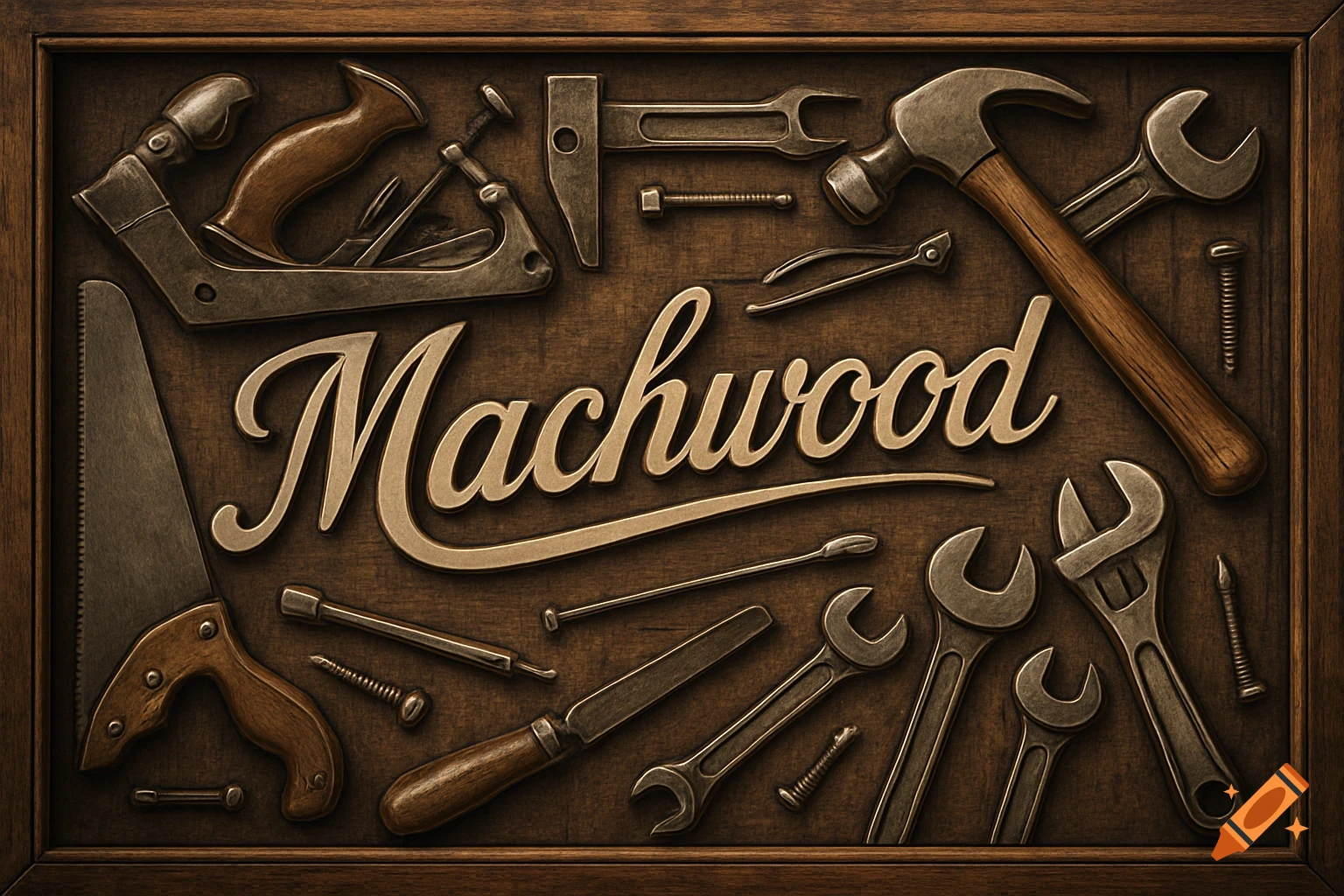 A wooden sign with 'Machwood' in stylized gold text, surrounded by various metal woodworking tools like saws, hammers, and wrenches.