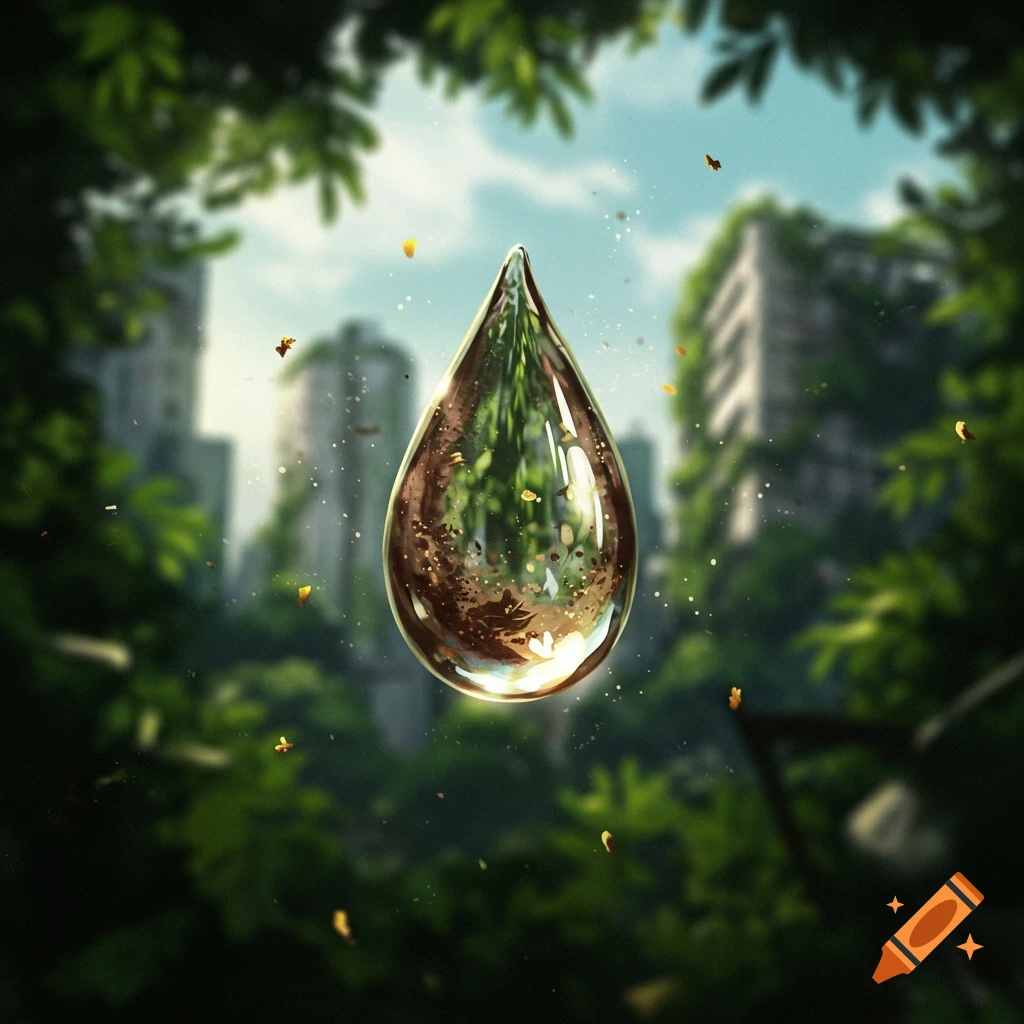 A clear, shiny dirty water droplet floats centered, reflecting overgrown urban buildings and lush green foliage, with leaves framing the top.