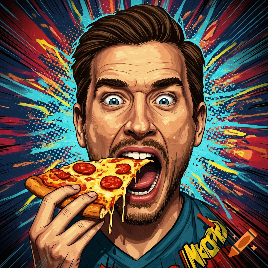 A man with wide eyes screams loudly while taking a bite of a cheesy pepperoni pizza, depicted in a vibrant comic art style.