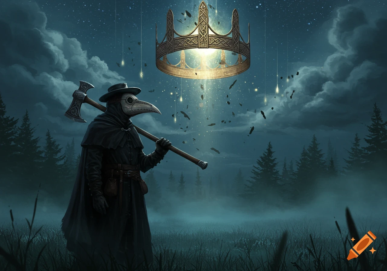 A plague doctor in a dark cloak holds a viking axe, gazing at a glowing, ornate crown descending from a starry, misty night sky.