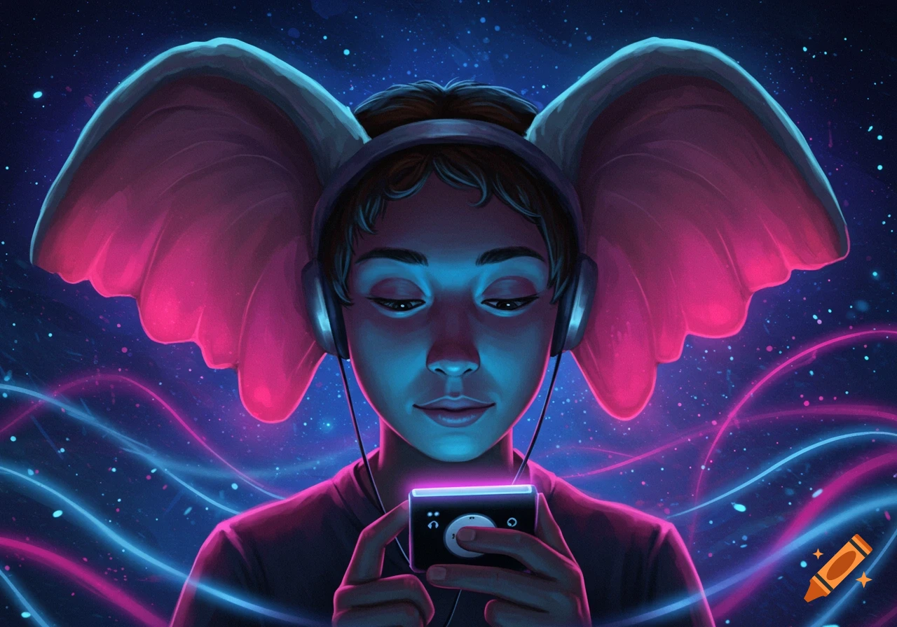 A stylized person with large pink elephant ears and headphones, holding a music player, in a neon blue and pink cosmic setting.