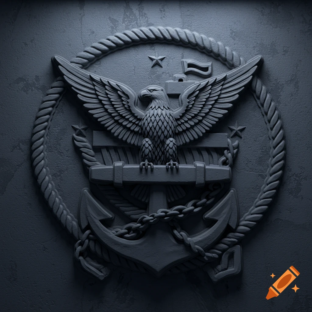 A grayscale bas-relief sculpture of the United States Navy insignia featuring an eagle, anchor, and rope border on a textured wall.