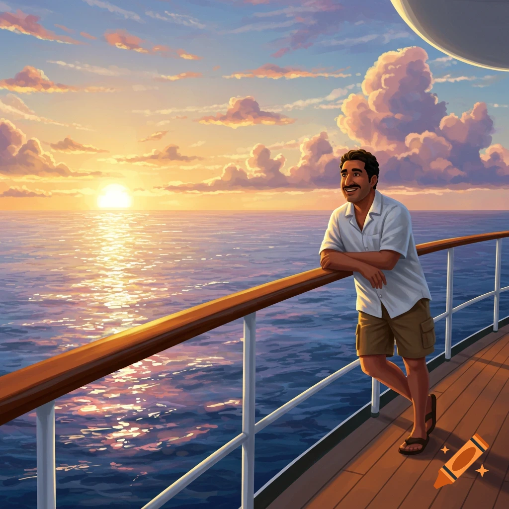 A man on a cruise ship deck leans on a railing, watching a vibrant sunset over the ocean in digital art style.