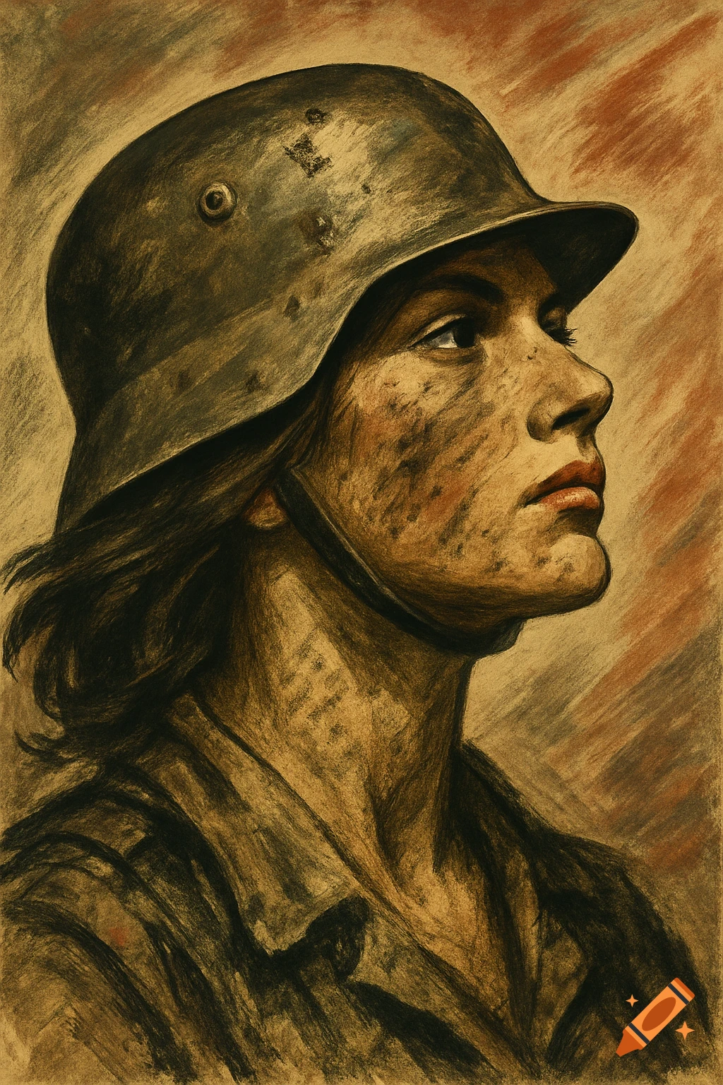 Charcoal portrait of a determined woman in a weathered German WWII helmet, face streaked with dirt, looking up in profile.