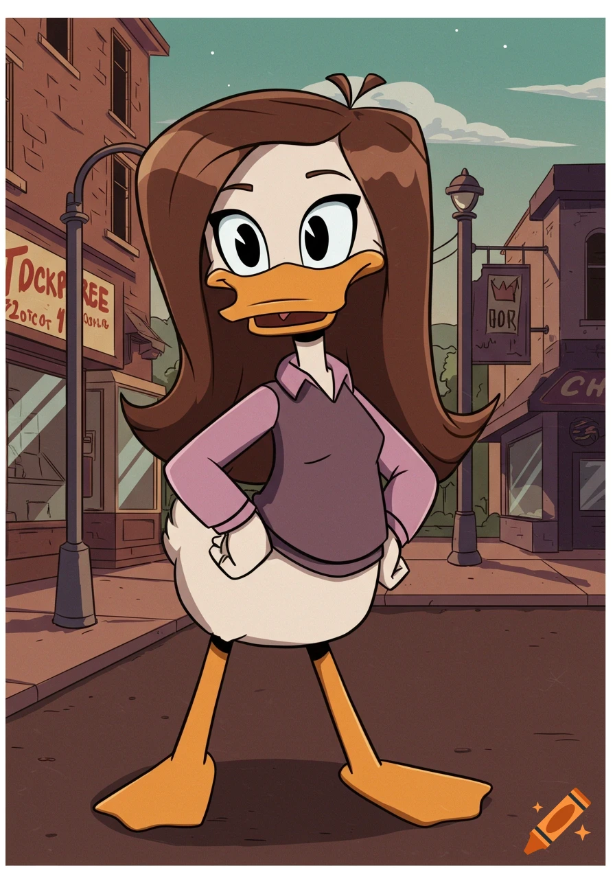 A female duck character with long brown hair, blue-gray eyes, wearing a pink shirt and purple vest, stands in a cartoon street scene in DuckTales 1987 style.