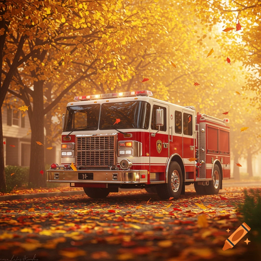 A photorealistic red and white firetruck parked on a road covered in autumn leaves under golden trees.