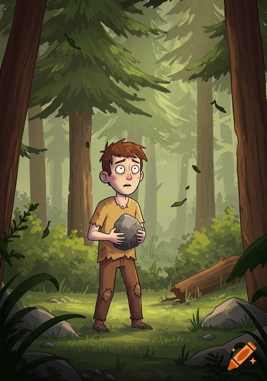 A nervous cartoon boy in tattered clothes holds a rock while standing in a dense forest.