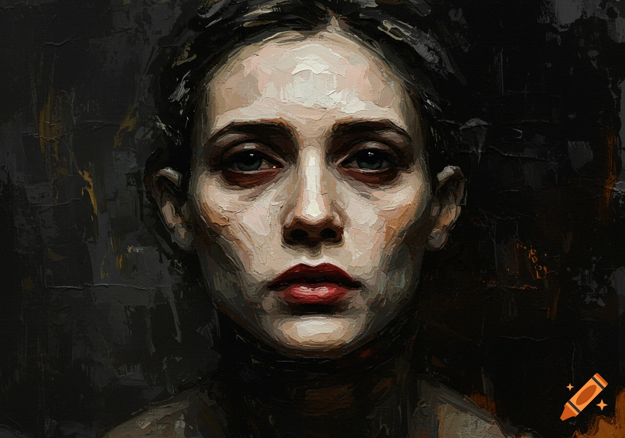 Abstract expressive oil painting portrait of a woman with thick paint texture, rough brushstrokes, and dark, haunting colors.