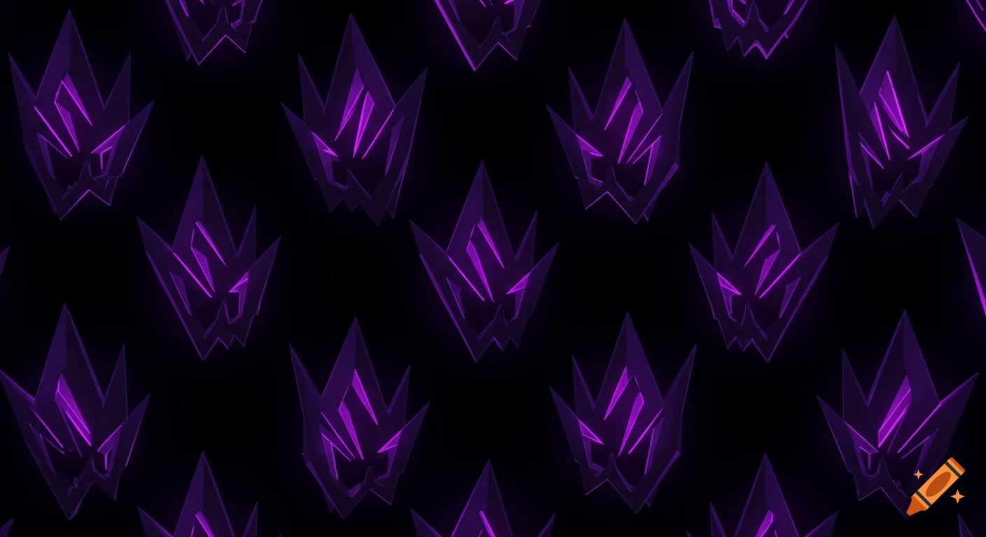 A seamless pattern of glowing purple, jagged, crown-like shapes with a dark fantasy aesthetic on a black background.