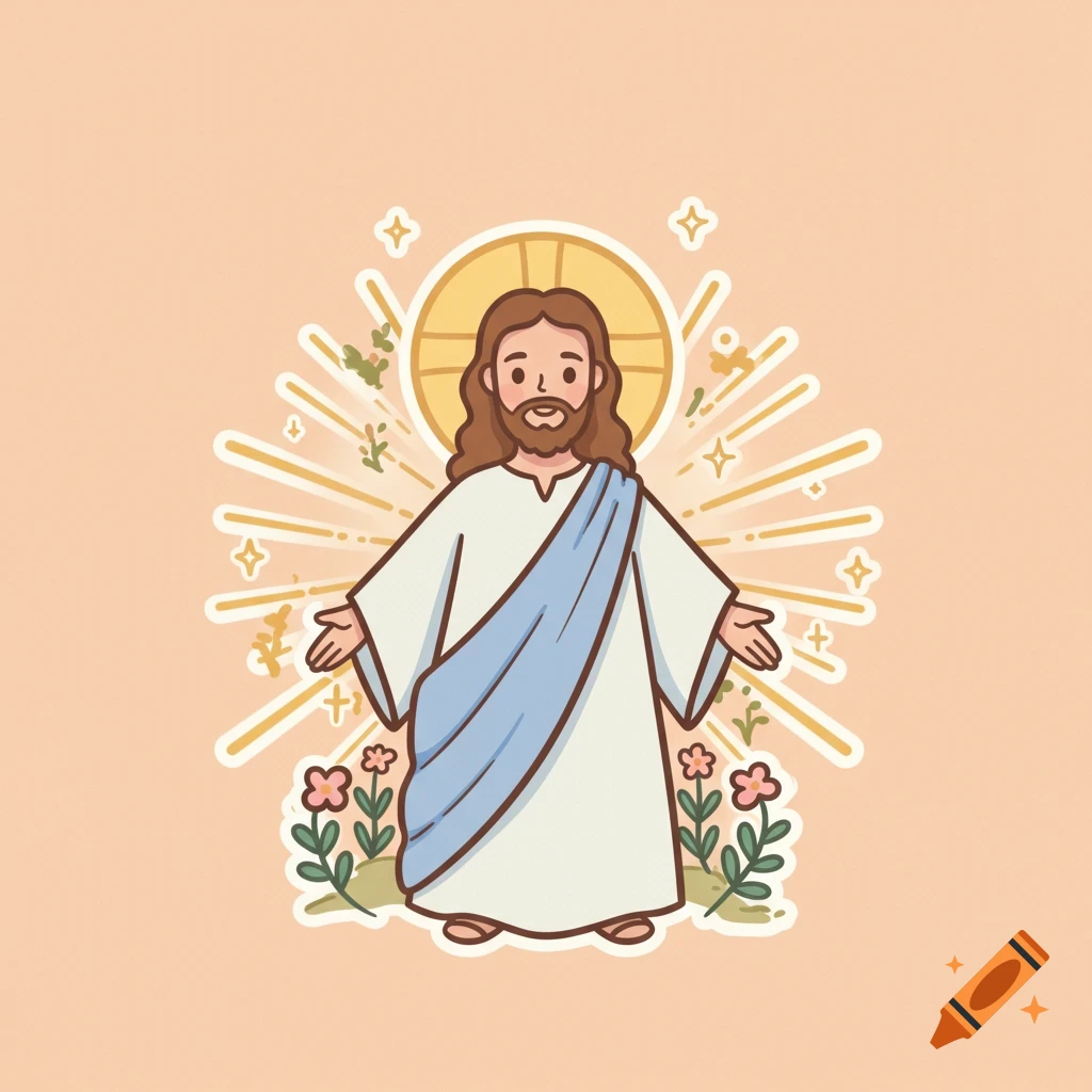 A cute cartoon illustration of Jesus with a halo and outstretched arms, surrounded by glowing rays and flowers.