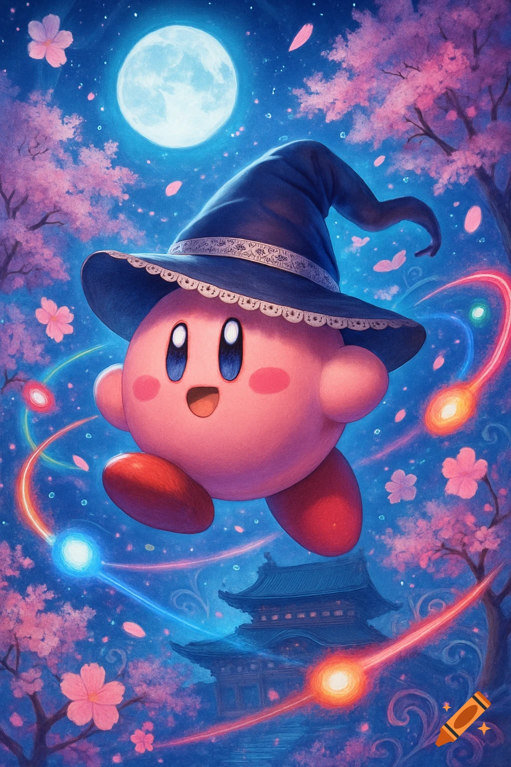 Kirby in a witch hat floats in a vibrant night sky with a full moon, pink cherry blossoms, glowing trails, and a Japanese temple.