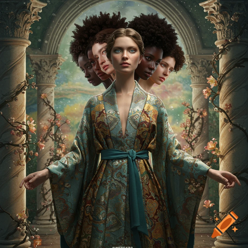 A woman in an ornate teal and gold robe stands in a classical garden, with multiple diverse women's faces layered behind her head.