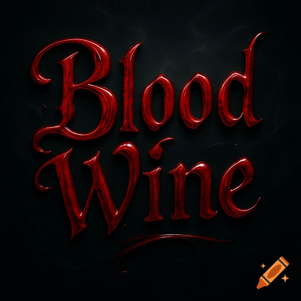 Stylized glossy blood-red text reading 'Blood Wine' in a gothic font on a dark background.