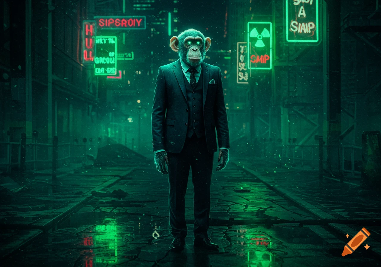 A chimpanzee in a dark suit stands on a wet, cracked street under green and red neon signs in a futuristic cyberpunk city.