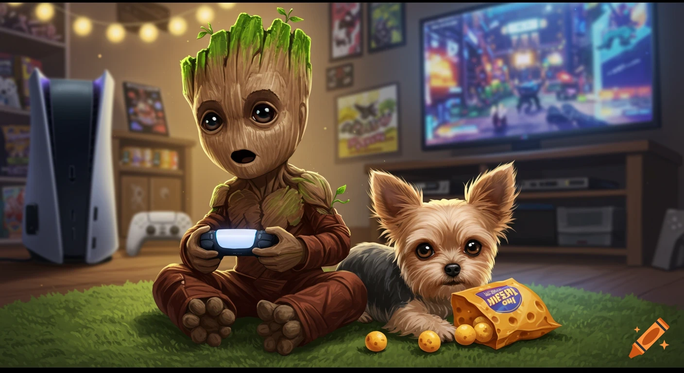 A cartoon baby Groot plays PS5 on a green rug next to a cute Yorkshire-Chihuahua mix dog eating cheese balls in a cozy room with a TV.