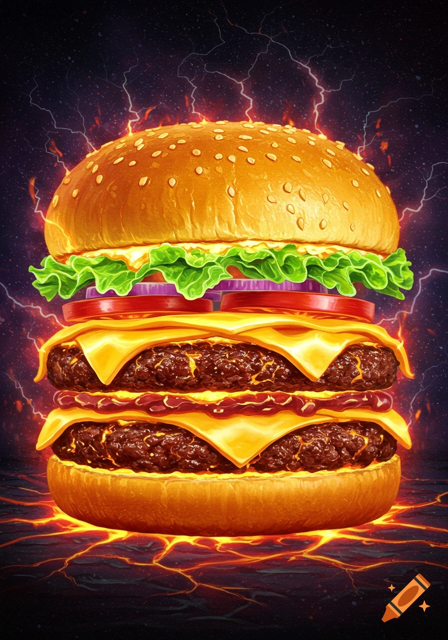 A powerful double cheeseburger with fiery patties, melted cheese, fresh vegetables, glowing and surrounded by lightning on a dark background.