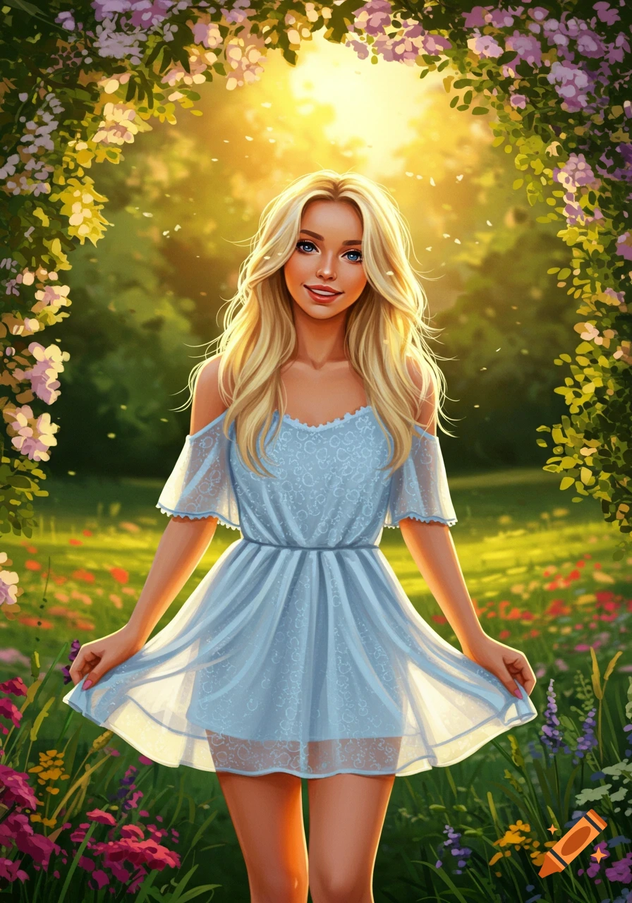 A smiling blonde woman in a light blue dress stands in a sunny, vibrant garden with flowers and green foliage, digital painting.