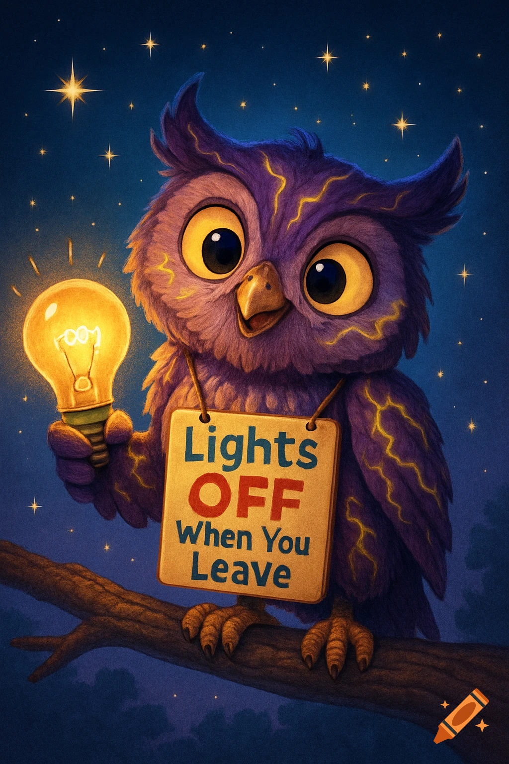 A cute purple cartoon owl holding a glowing lightbulb and a sign reading 'Lights OFF When You Leave', sitting on a branch at night.