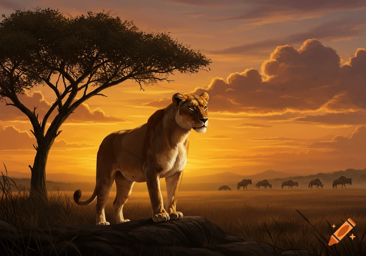 A majestic lioness stands on a rock at sunset in an African savanna, with wildebeest in the misty background.