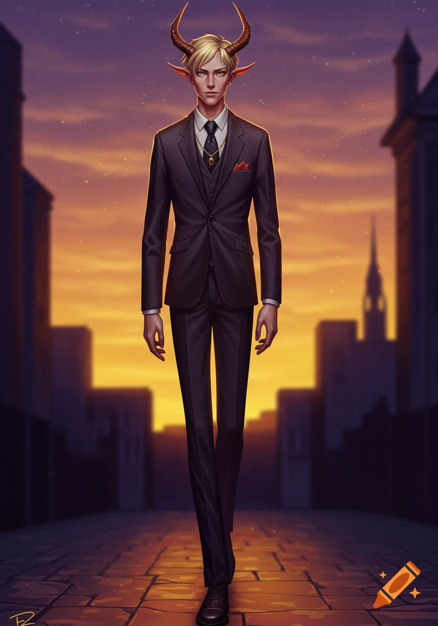 A tall, slender horned man with blond hair and elf ears, wearing a dark suit, walks forward on a cobbled street against a sunset sky.