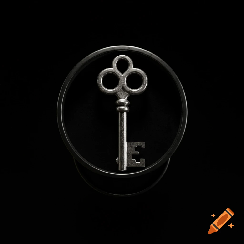 A platinum skeleton key with an 'E' shaped bit, inside a black ring, on a black background. Sleek metallic shine, rich textures.