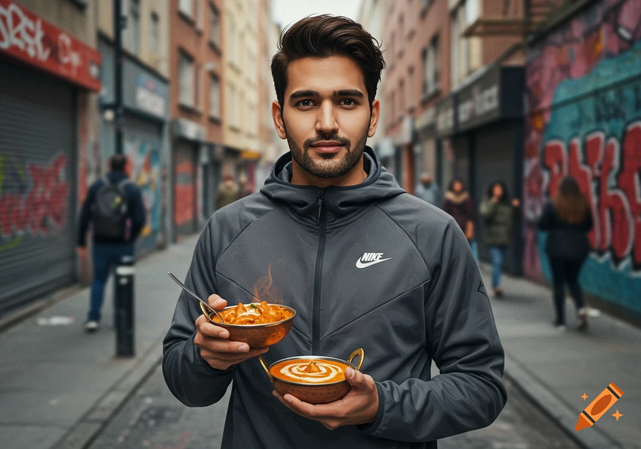 A man in a grey Nike jacket holds two bowls of curry in a street with blurry background buildings and graffiti, in a photorealistic style.