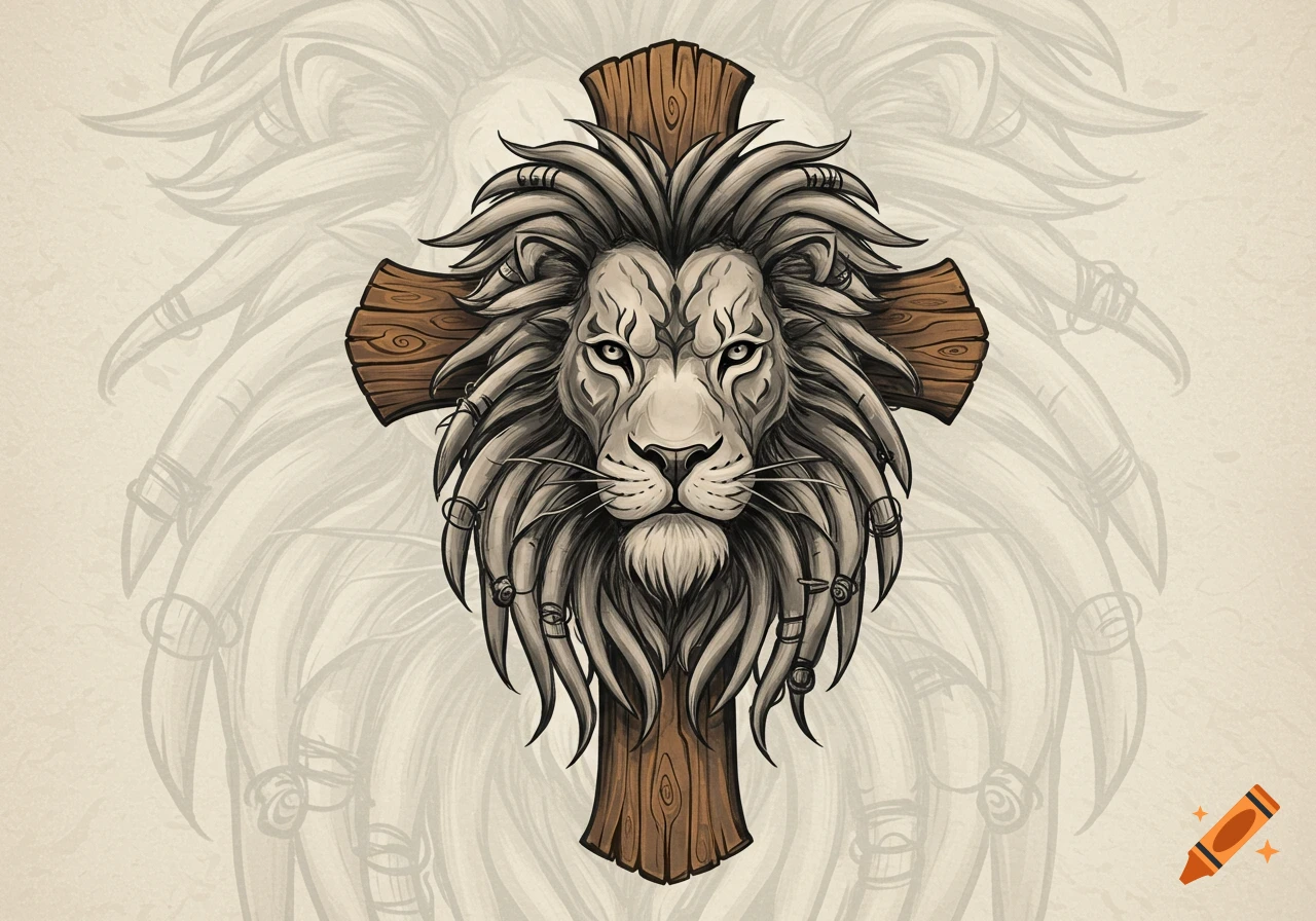 Tribal lion head with dreadlocks centered on a wooden cross, in a handmade drawing style.