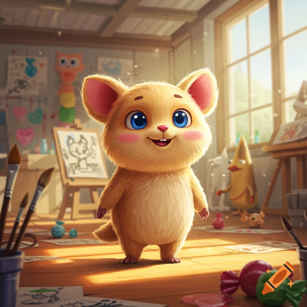 A cute, fluffy, orange cartoon hamster-like creature with big blue eyes smiles in a sunlit art studio, surrounded by art supplies.