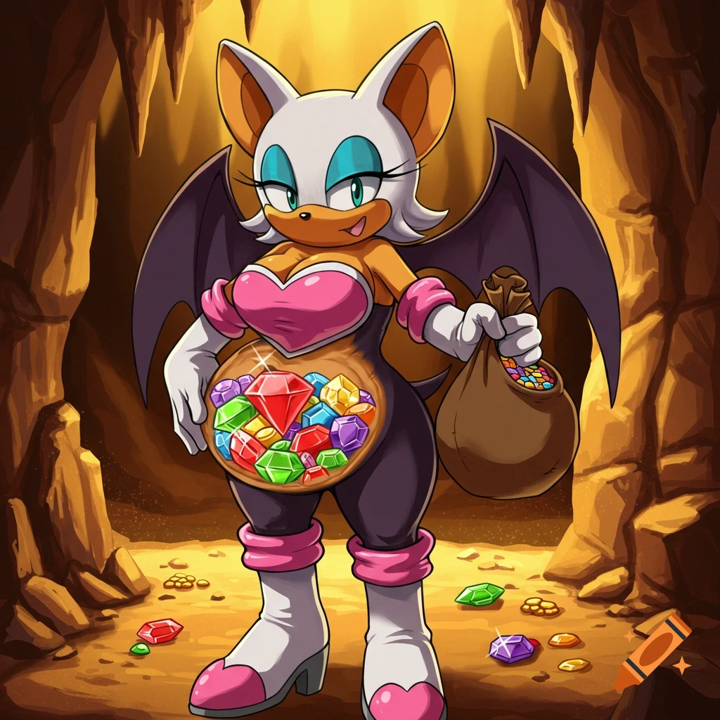 Cartoon Rouge the Bat with an open belly full of gems, holding a gem-filled sack in a cave.