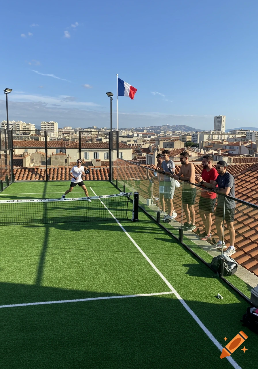 A man plays padel on a rooftop court overlooking a city, with spectators and a French flag under a clear sky.