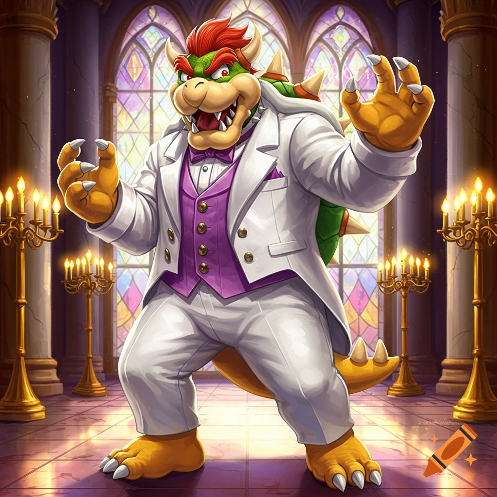 Bowser in a white wedding suit with a purple waistcoat, posing dramatically in a grand hall with stained glass windows and candelabras.