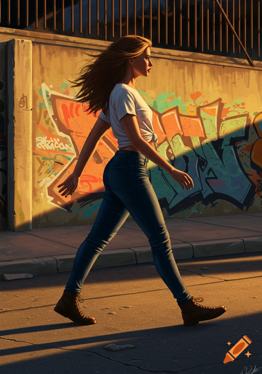 A woman with flowing hair walks left across a street at sunset, past a graffiti-covered wall with warm light.