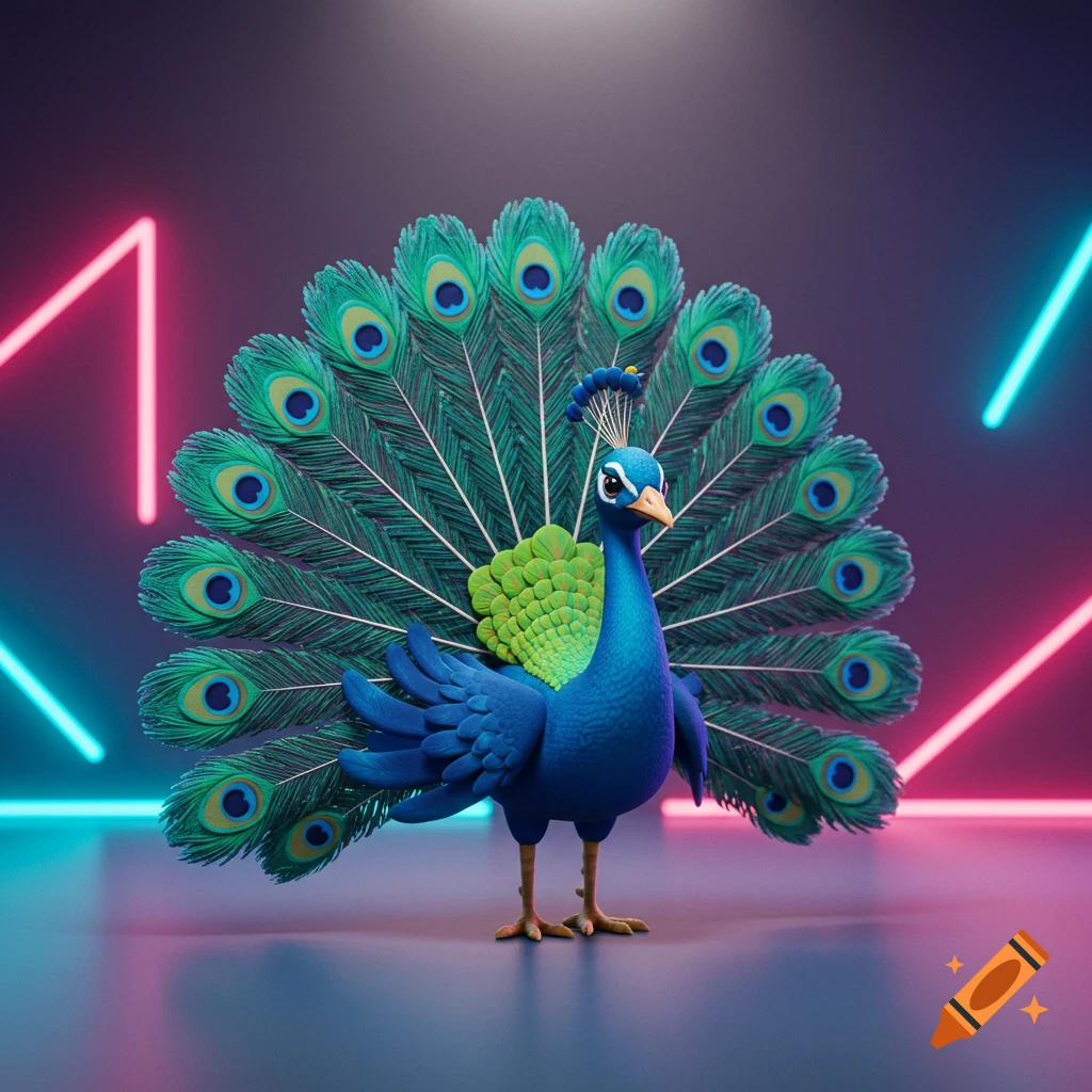 A vibrant 3D mascot-style peacock with a fully fanned tail stands on a dark surface, illuminated by pink and blue neon lights.
