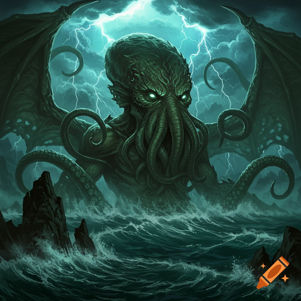 A giant, green, winged Cthulhu monster with glowing eyes rises from stormy, dark seas under a lightning-filled sky.