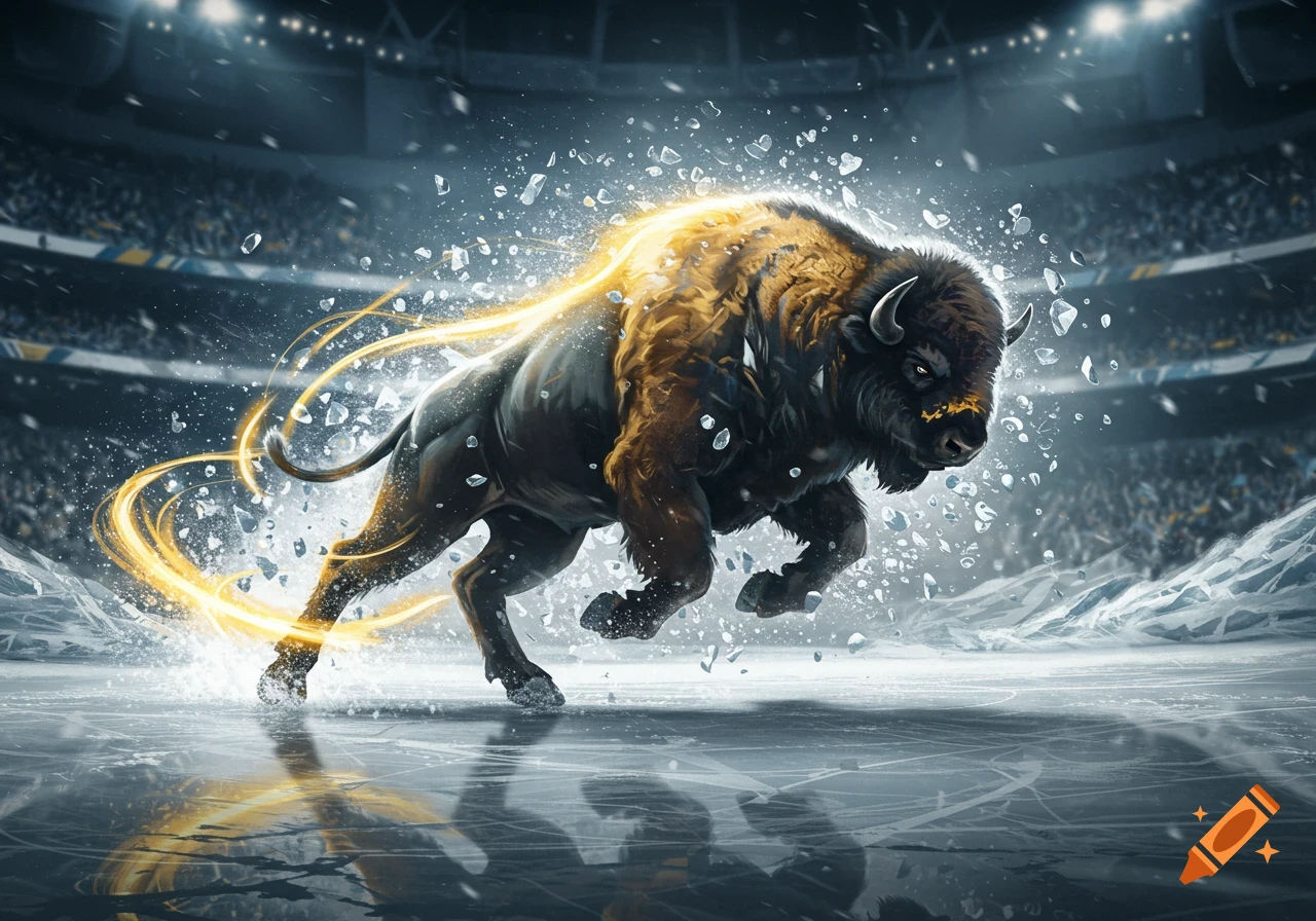 Stylized buffalo with glowing fur and light trails charges across an ice rink in a brightly lit sports arena.