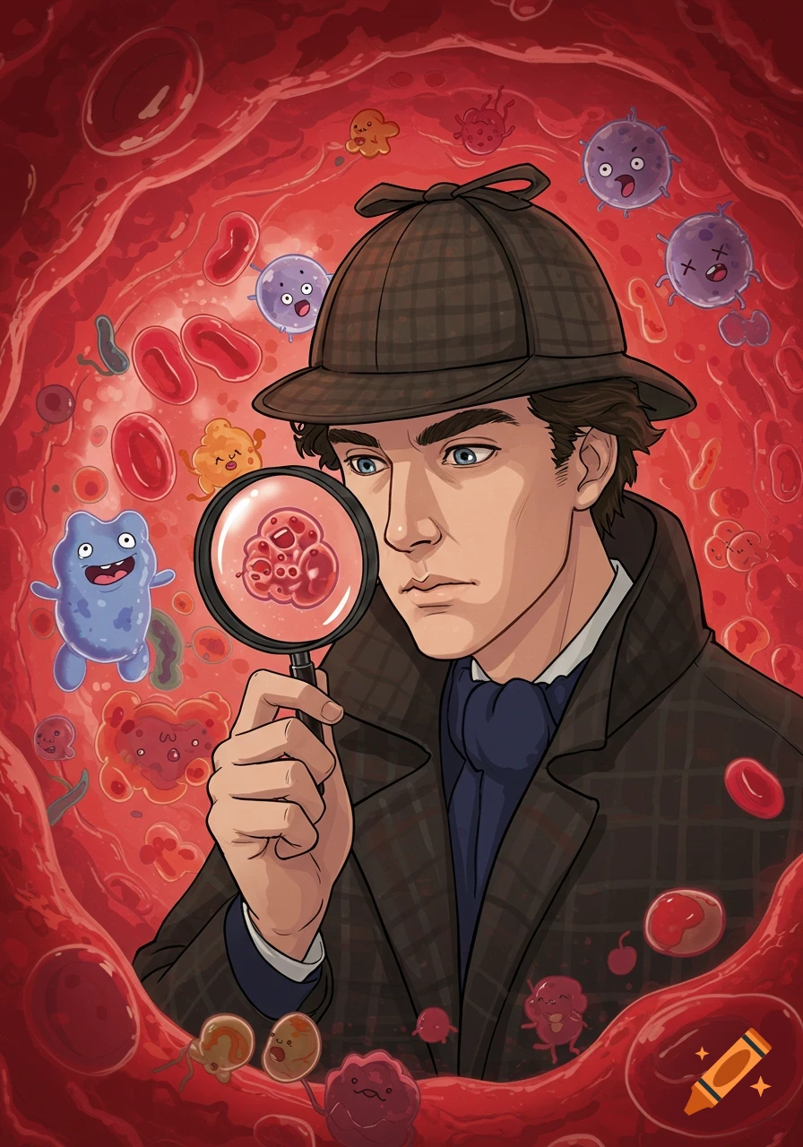 Cartoon Sherlock Holmes in a red blood vessel, magnifying cute, anthropomorphic cells and microbes.