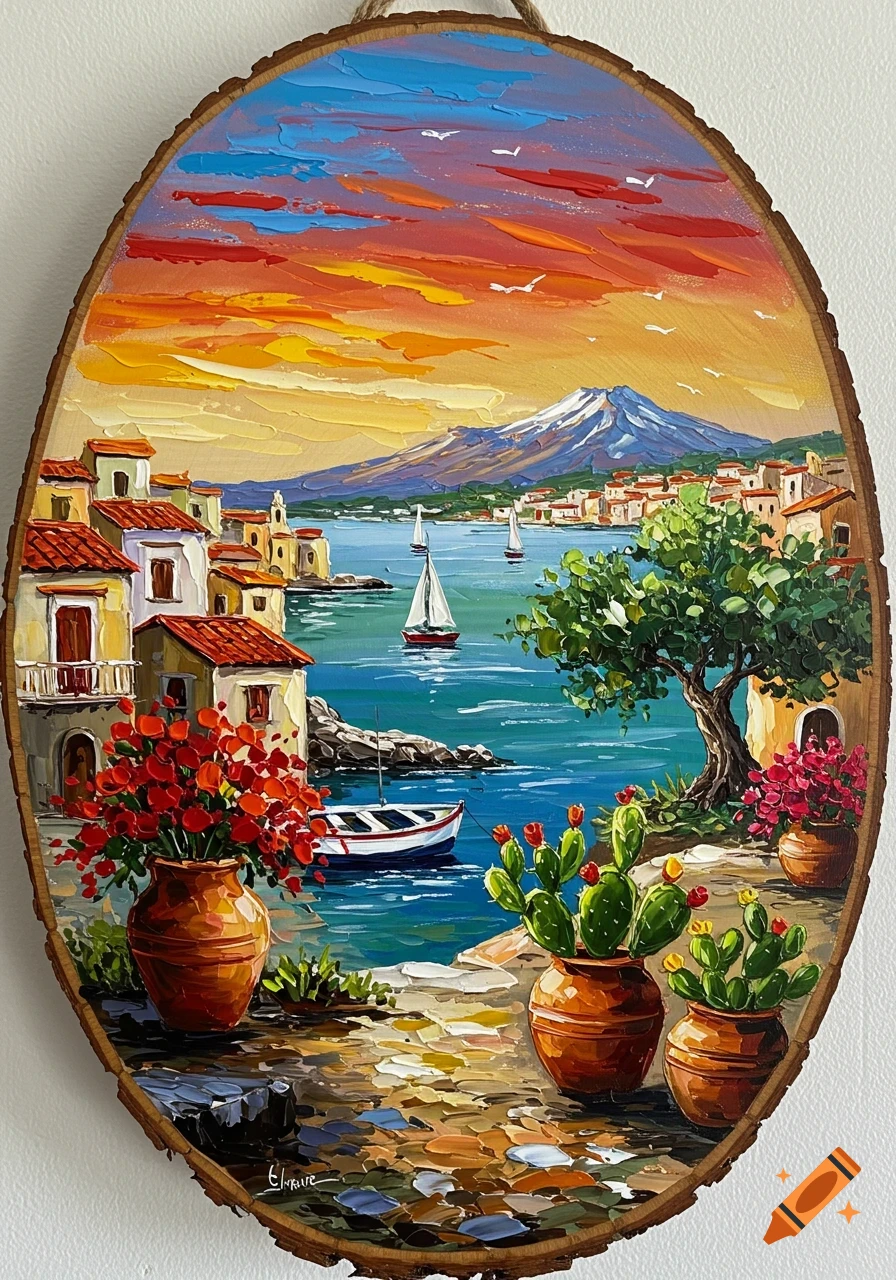 Vibrant impasto painting on a wood slice of a Mediterranean coastal town, sailboats, flowers, cacti, and a volcano under a sunset sky.