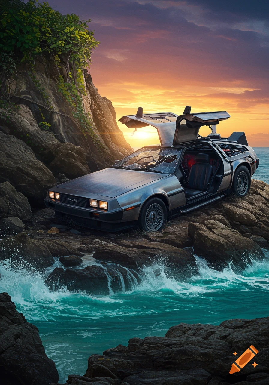 A wrecked silver DeLorean, with gull-wing doors open and a shattered windshield, rests on dark rocks by a turquoise ocean at sunset, with a lush, green-topped cliff beside it.